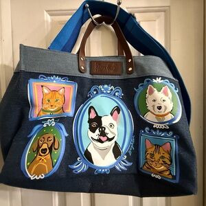 Brighton Blue and Brown Tote with Dog and Cat Art